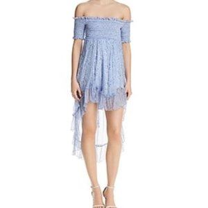 Sz XS Karina Grimaldi Blue Off Shoulder Carol Smocked Floral Hi Lo Dress